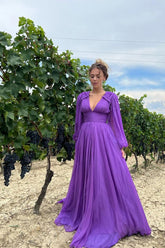 Look Fabulous in this Purple V-Neck Evening Dress with Long Sleeves and A-Line Design